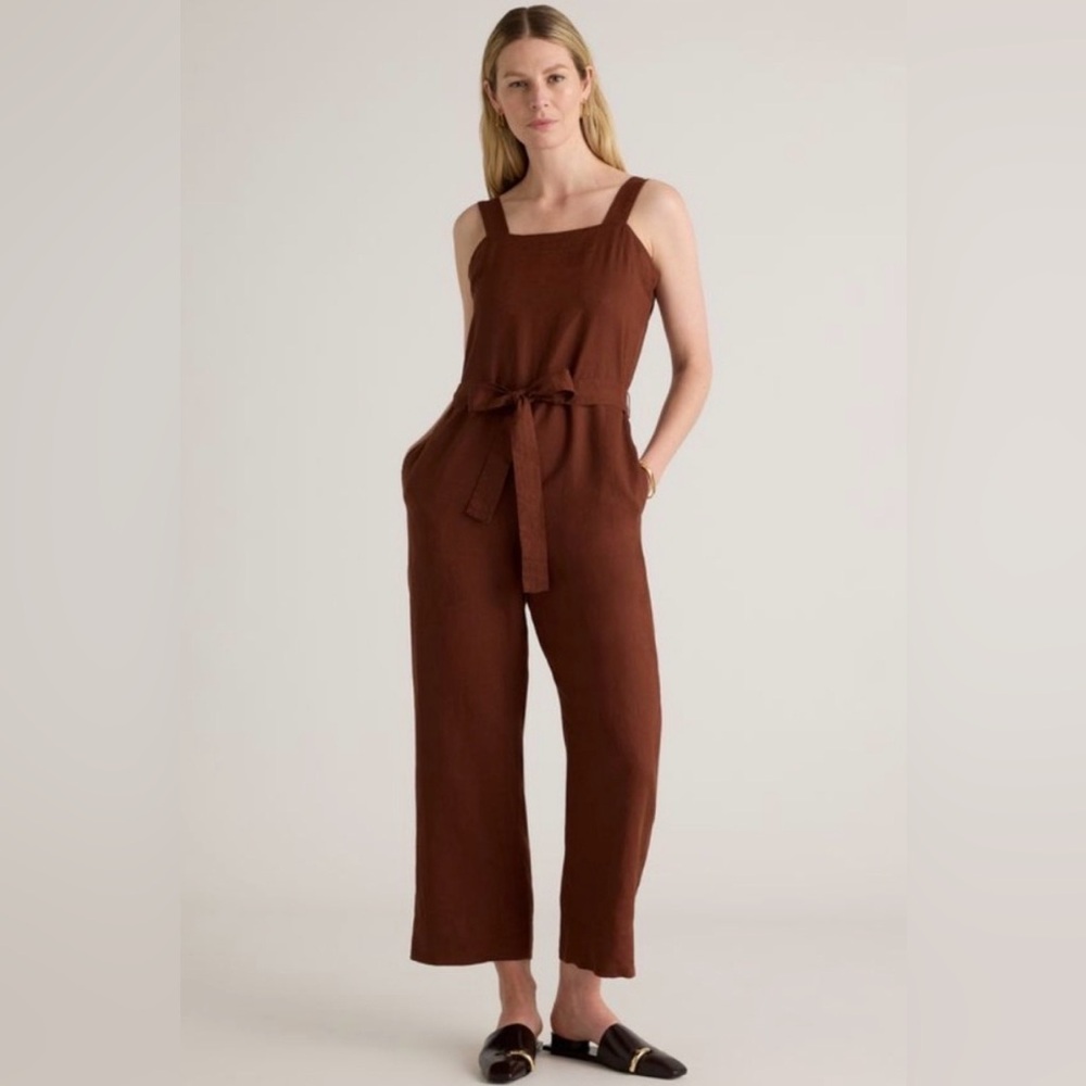 Quince 100% European Linen Square Neck Wide Leg Cropped Belted Jumpsuit Brown Sm